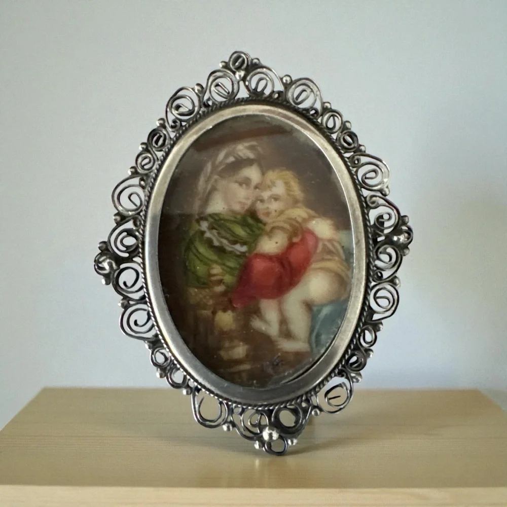 Antique Vintage‎ 800 Silver Brooch Pendant Hand Painted Cameo Woman & Children